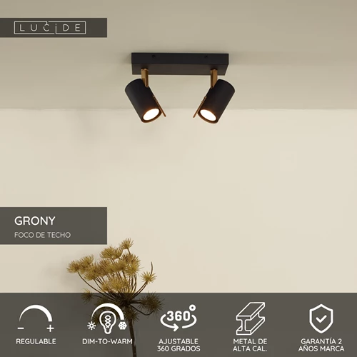 Lucide GRONY - Foco de techo - LED Dim to warm - GU10 - 2x5W 2200K/3000K - Negro - USP
